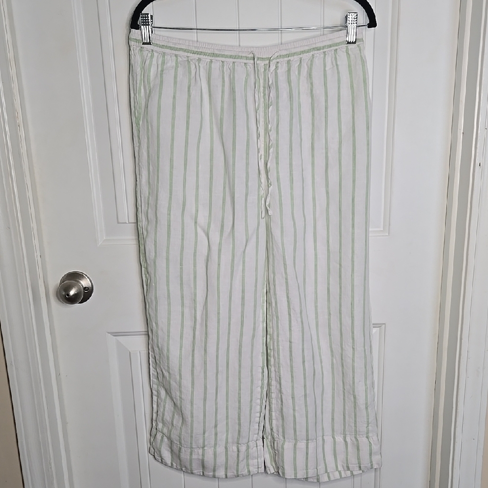 Banana Republic Green & White Striped 100% Linen Pajama Pants Loungewear Natural